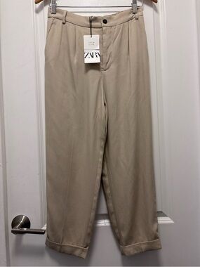 Zara Beige High-Waist Pleated Trousers